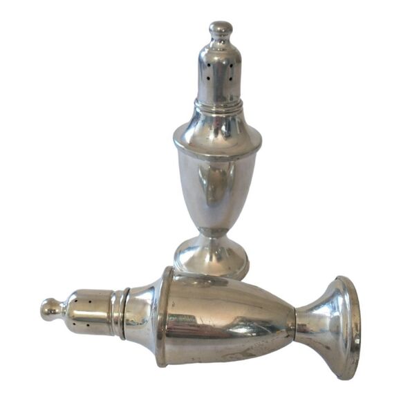 Web Pewter Salt Pepper Shaker Set Amber Glass Lined Weighted Vtg 80s Farmhouse. - Picture 5 of 16